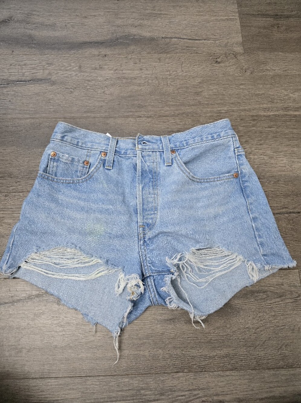 Levi's Light Blue Distressed High-Waist Jean Shorts - Picture 2 of 13
